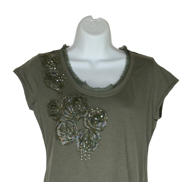Willi Smith Green Metallic Beaded Embellished Cap Sleeve Cotton T-shirt Small - Picture 4 of 12